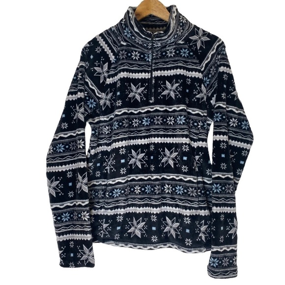 Eddie Bauer Black with White & Blue Snowflakes Fleece Pullover Sweatshirt/Jacket - Picture 1 of 8